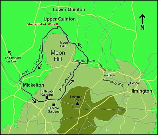 Map of route around Meon Hill via Monarch's Way